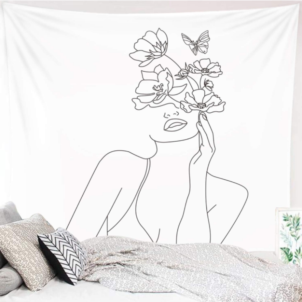 Black Line Art White Floral Wall Tapestry Woman Abstract Butterfly Butterflies